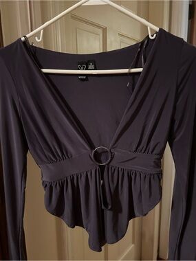 Windsor Dark Slate Ring-Front Deep V Long Sleeve Top